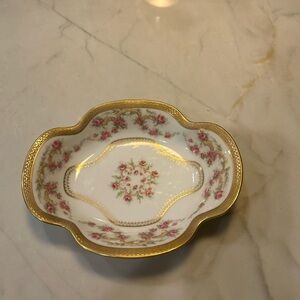 Limoges White Porcelain Dish with Pink Floral and Gold Trim